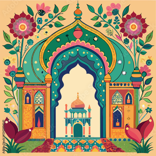 Majestic Mughal Garden Archway with Elephant in Royal Palace Grounds