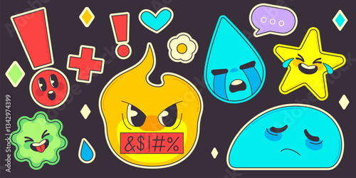 Sad emoji stickers set isolated on black background. Vector cartoon illustration of angry, upset, crying emoticons, exclamation sign, star and flower smiley faces for retro social media, banner design