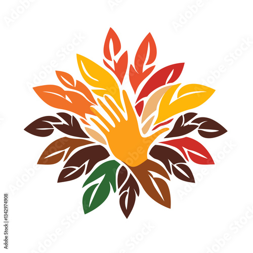 Colorful hand with diversity leaves shows unity and environmental care