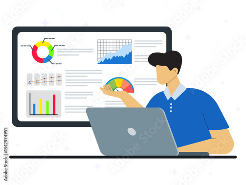 A man using laptop on office workers to analyzing business indicators. Evaluating business, identifying cost-saving opportunities, profit margins optimization. 