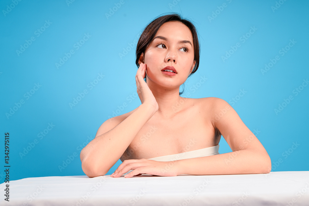 Obraz premium Asian woman with natural makeup poses topless in front of a blue background, resting one arm on white table while gently placing her other hand on her cheek, showing clean and glowing skin