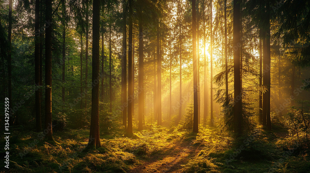Golden sunlight streaming through majestic forest trees path calm mist woods green image rural nature Golden sunlight streaming through majestic forest trees path calm mist woods green image rural nature