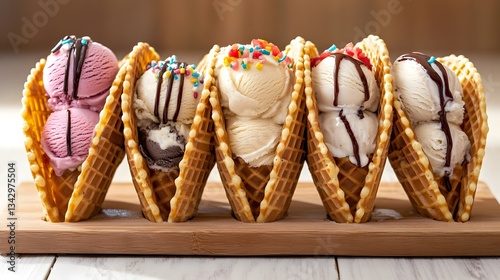 Waffle cone tacos filled with ice cream and toppings