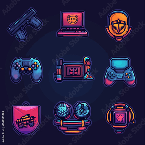 Video game icons with gamepad, headset, gun, laptop and avatar image