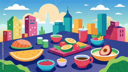 A trendy rooftop gathering with a spread of trendy snacks including avocado toast and beet hummus enjoyed while taking in the vibrant city energy.. Vector illustration