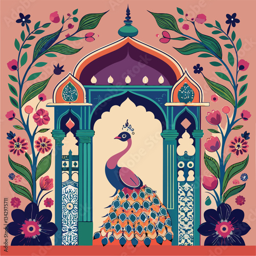 Intricate Peacock Design on Archway of Traditional Mughal Garden