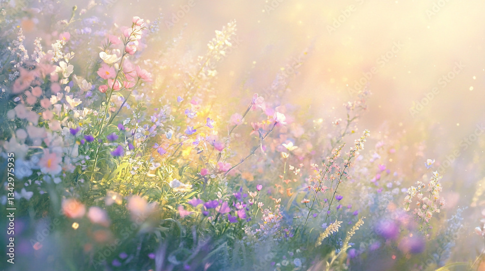 Obraz premium Sunlight shining through the grass, illuminating small white flowers in springtime season, Dreamlike mystical gardens with vibrant flowers, as vibrant blossoms sway in harmony with the gentle breeze.