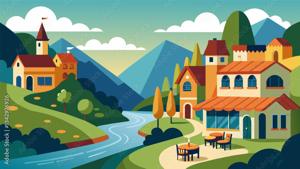 A quaint Europeanstyle village nestled in the rolling hills with charming cafes and a peaceful river running through.. Vector illustration A quaint Europeanstyle village nestled in the rolling hills with charming cafes and a peaceful river running through.. Vector illustration