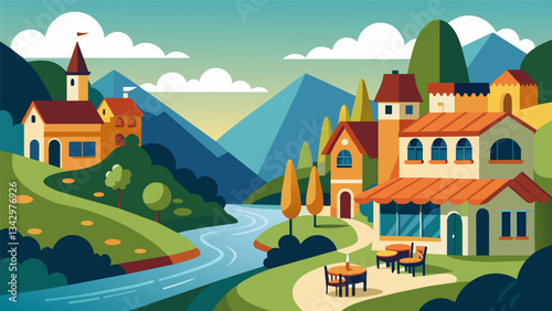 A quaint Europeanstyle village nestled in the rolling hills with charming cafes and a peaceful river running through.. Vector illustration