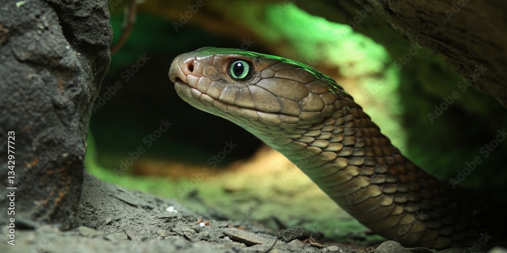 Hiding snake emerges from dark cave with striking green eyes during daylight in natural habitat