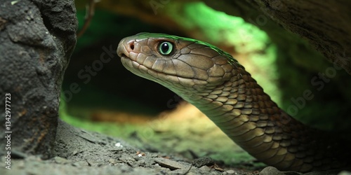 Obraz na płótnie Hiding snake emerges from dark cave with striking green eyes during daylight in natural habitat w salonie