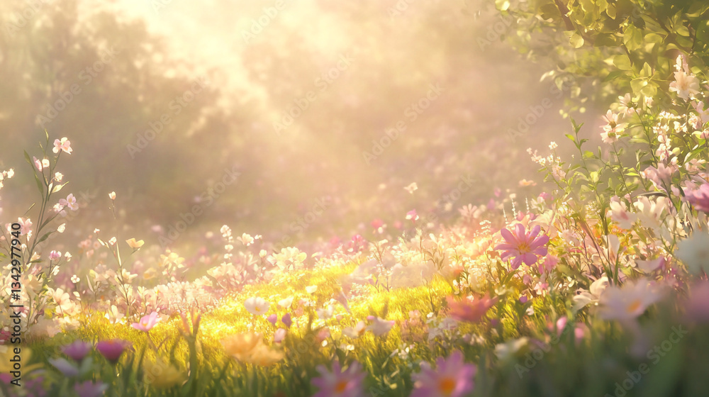 Sunlight shining through the grass, illuminating small white flowers in springtime season, Dreamlike mystical gardens with vibrant flowers, as vibrant blossoms sway in harmony with the gentle breeze. Sunlight shining through the grass, illuminating small white flowers in springtime season, Dreamlike mystical gardens with vibrant flowers, as vibrant blossoms sway in harmony with the gentle breeze.
