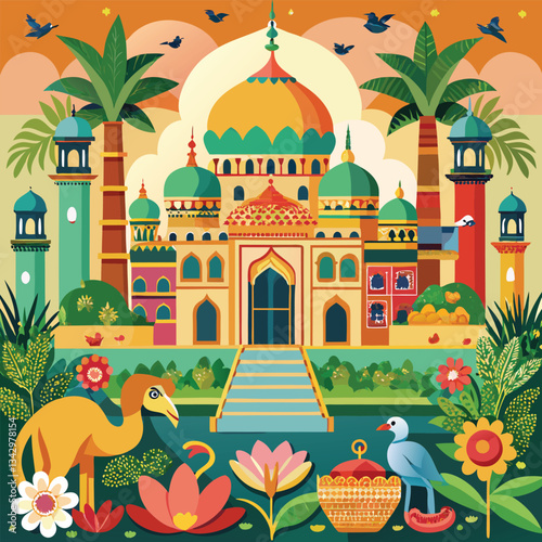 Traditional Mughal Garden Adorned with an Elephant, Monkey, and Parrot