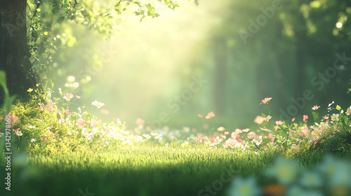 Sunlight shining through the grass, illuminating small white flowers in springtime season, Dreamlike mystical gardens with vibrant flowers, as vibrant blossoms sway in harmony with the gentle breeze.