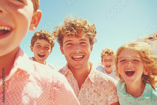A parent trying to organize a family photo, but the children are making funny faces or jumping in different directions, capturing the chaos and fun of family moments. photo