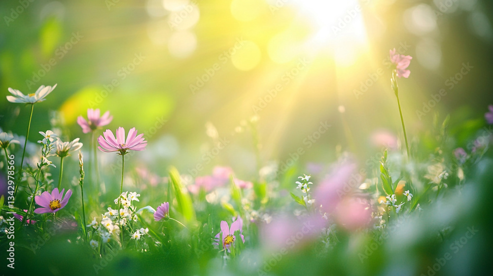 Fototapeta premium Sunlight shining through the grass, illuminating small white flowers in springtime season, Dreamlike mystical gardens with vibrant flowers, as vibrant blossoms sway in harmony with the gentle breeze.