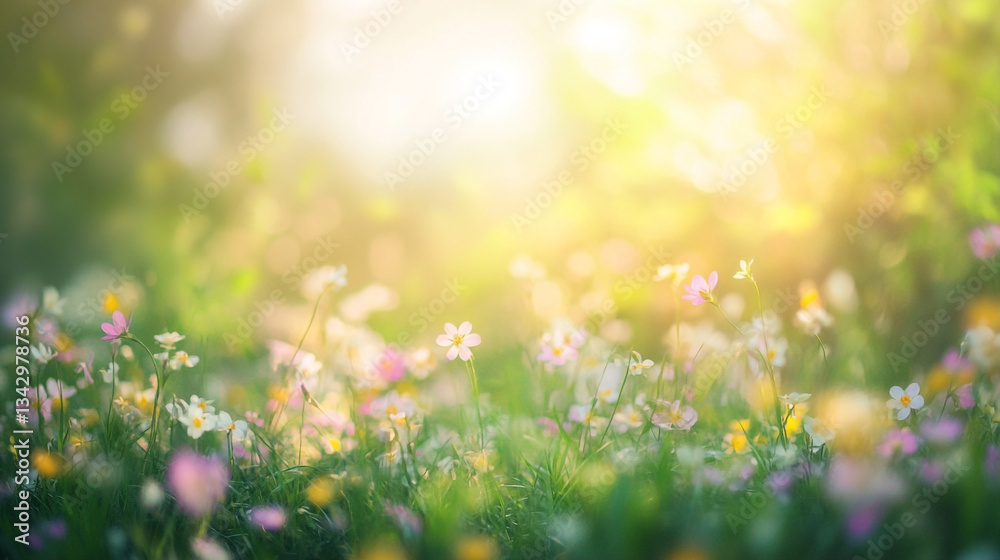 Obraz premium Sunlight shining through the grass, illuminating small white flowers in springtime season, Dreamlike mystical gardens with vibrant flowers, as vibrant blossoms sway in harmony with the gentle breeze.