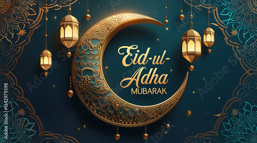 A luxurious Eid-Ul-Adha greeting card featuring a golden crescent moon with intricate patterns. Hang ornate golden lanterns,from the moon, casting a soft glow mandala designs