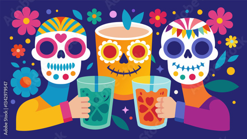 The clinking of colorful calaverashaped glasses filled with refreshing horchata can be heard as families raise a toast to those who have passed on.. Vector illustration
