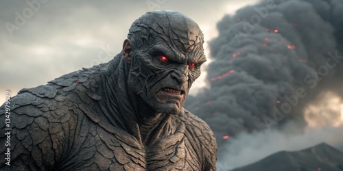 Powerful creature stands against volcanic eruption at twilight, showcasing intense expressions and dramatic background features