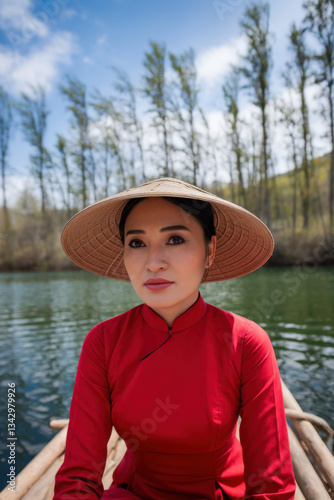 Woman with red dress and traditional hat sitting on a wooden raft photo