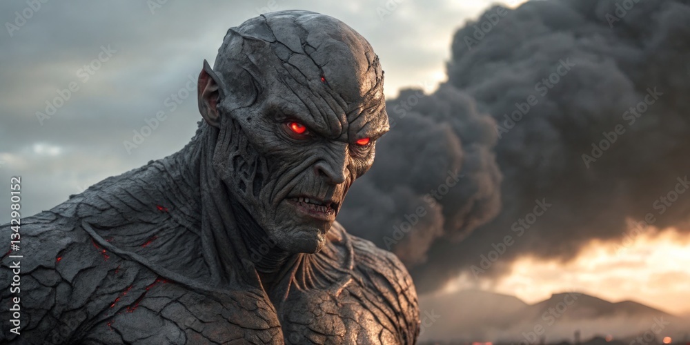 Epic confrontation featuring a monstrous figure in a dramatic setting with dark clouds at twilight