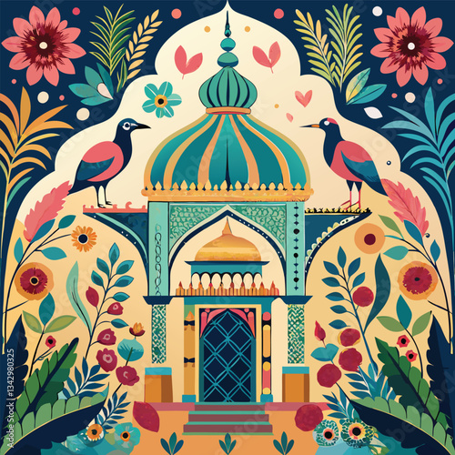 Traditional Mughal Garden: Peacock Arch with Temple Lamp Illumination