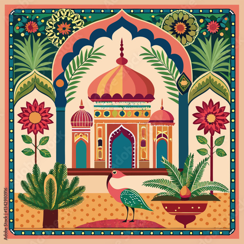 Majestic Palm Tree and Majestic Peacock in a Traditional Mughal Garden