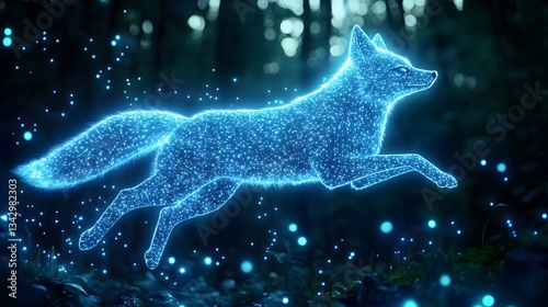 A bioluminescent fox glowing in the dark, leaping through a magical fantasy forest