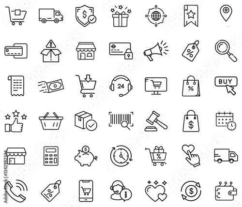 E-Commerce and Online Shopping Line Icons – Digital Marketplace, Payment Security, Shopping Cart, Customer Support, Discounts, Delivery, Product Reviews, Retail, and Sales Icon Set