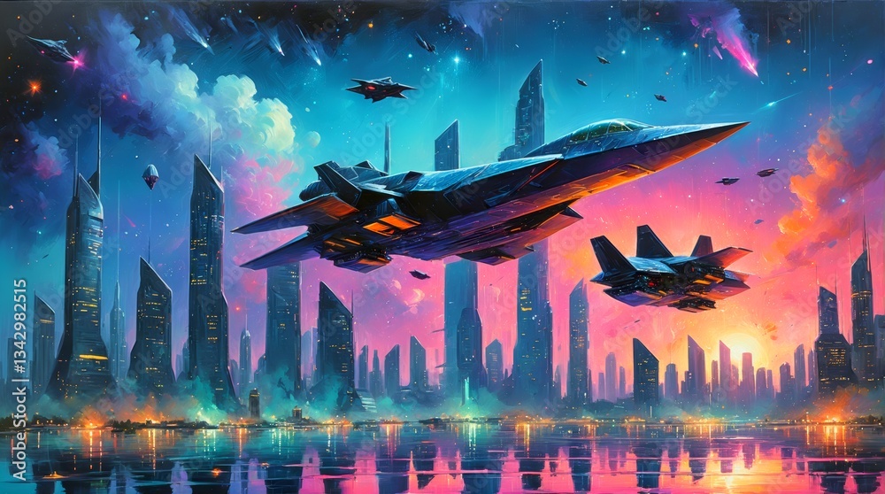 Obraz premium Futuristic Air Superiority: A Dynamic Scene of Fighter Jets Flying Over a Futuristic City with a Colorful Sky. Neon City Patrol. Future Warfare. 1