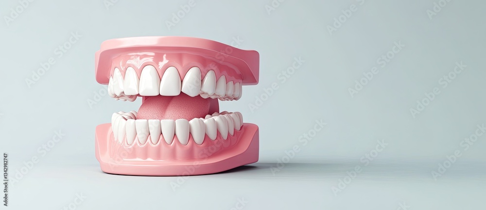 Fototapeta premium A model of human teeth showing a pink base with white teeth, designed for educational purposes or dental demonstrations.