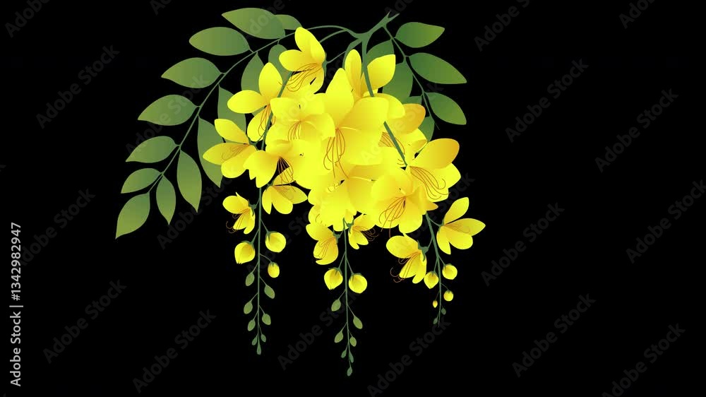 yellow cassia fistula, golden shower flower animated video clip with alpha channel, Kanikonna Flower for Kerala Vishu Festival