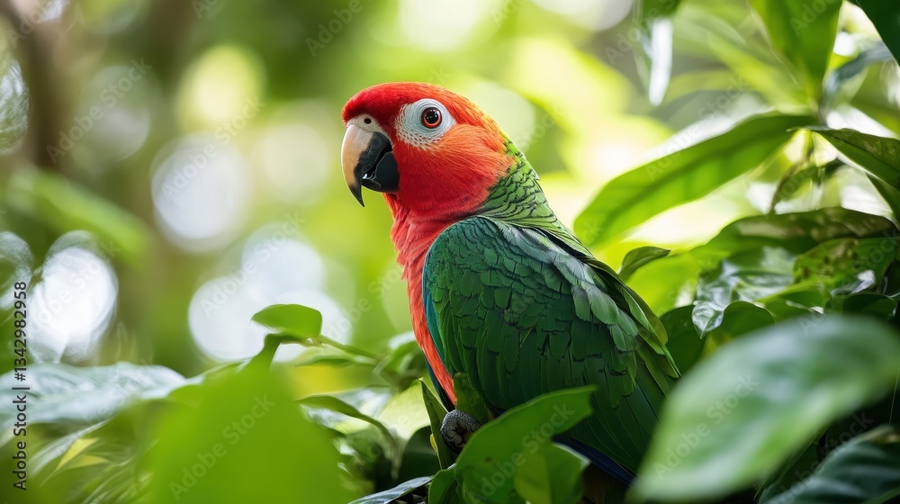 Naklejka premium Beautiful macaw with red head and green body amidst lush tropical foliage. Perfect for travel brochures or exotic nature themed projects.