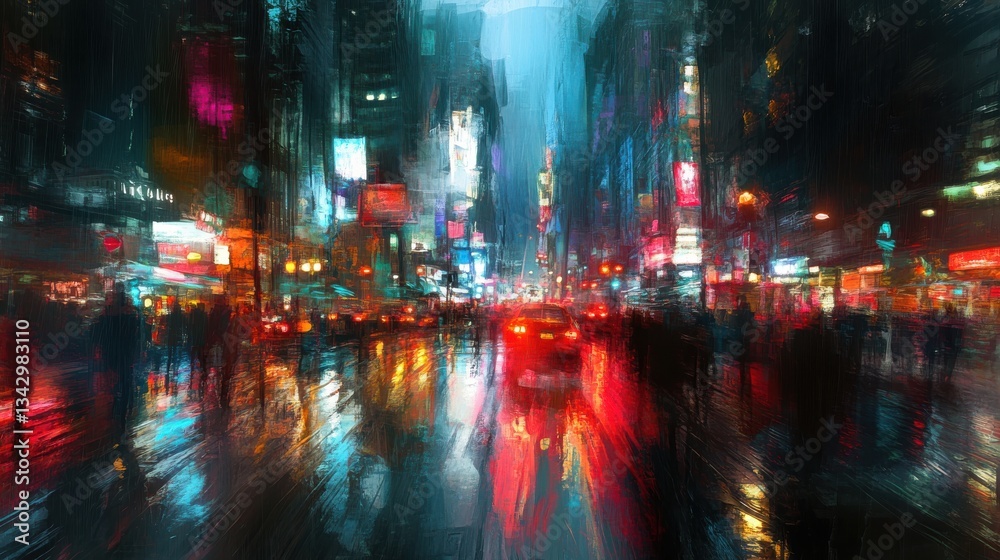 Obraz premium Bright City Lights at Night in Urban Street Scene with Reflections