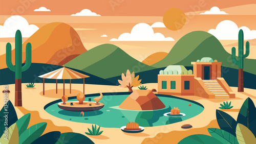 A luxury desert oasis where you can unwind in private pool and sauna sessions and indulge in organic cuisine from a renowned chef.. Vector illustration