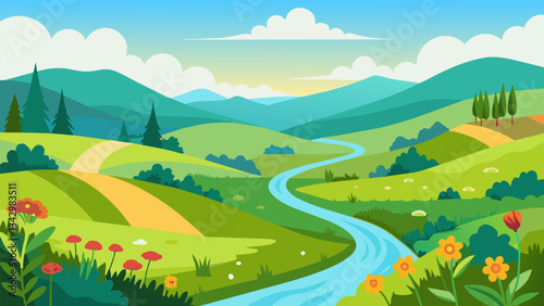 A peaceful countryside with rolling hills fields of wildflowers and a lazy river winding through the scenery.. Vector illustration