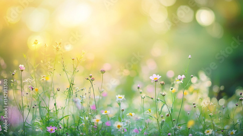 A serene countryside view of a spring meadow at sunrise, Sunlight shining through the grass, illuminating small white flowers in springtime season, Dreamlike mystical gardens with vibrant flowers.