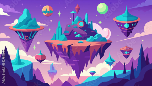 A mystical fantasy world filled with floating islands mythical creatures and a vibrant pulsing energy in the air.. Vector illustration