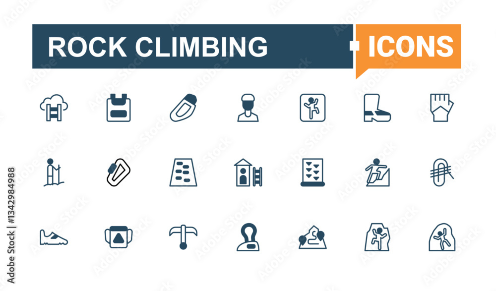 Rock Climbing simple icon set. Contains such symbols as climb, adventure, mountain, camping and more. Climbing icon set in linear style. Solid line editable stroke. Pixel Perfect.
