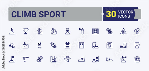 Climb Sport icon set. Contains such icons as rope, hiking, sport, activity, camping and more. Climbing icon set. Vector icons collection. Vector illustration in modern line style.