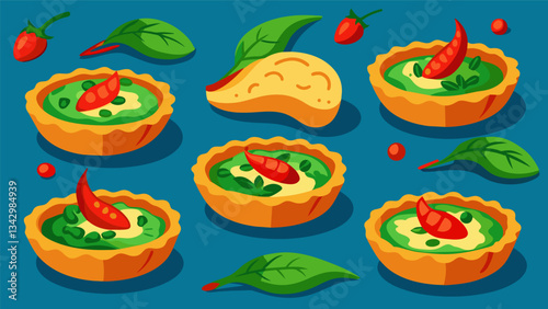 A spread of miniature quiches filled with spinach and feta cheese elegantly garnished with red pepper strips.. Vector illustration