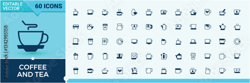 Coffee And Tea icon collection. Containing symbol, beverage, milk, cup, leaf and more. Minimal icons set. Pot icon collection. Conceptual pictogram and infographic.