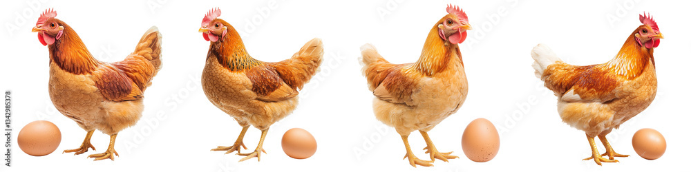 Fototapeta premium Three vibrant free range chickens and their freshly laid eggs set against a plain white backdrop showcasing the natural beauty and versatility of this domesticated fowl