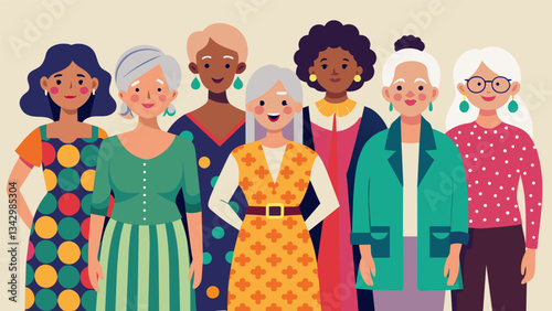 A diverse group of senior models proudly show off a range of colorful and patterned ses proving that fashion knows no age limit.. Vector illustration