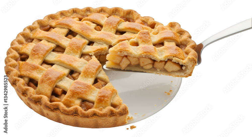 Overhead Shot of Golden-Brown Apple Pie with Lattice Crust and a Slice Being Lifted on a White Background Overhead Shot of Golden-Brown Apple Pie with Lattice Crust and a Slice Being Lifted on a White Background