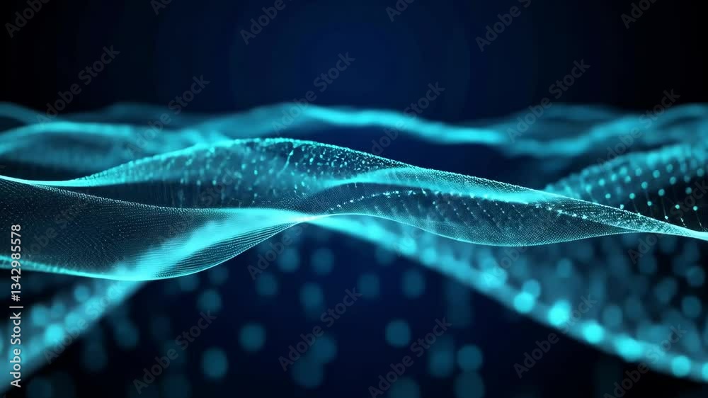 Abstract blue network with connected dots forming a wavy surface on a dark background design