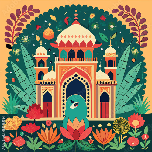 Mughal Garden Pavilion with Elephant and Peacock Sculptures