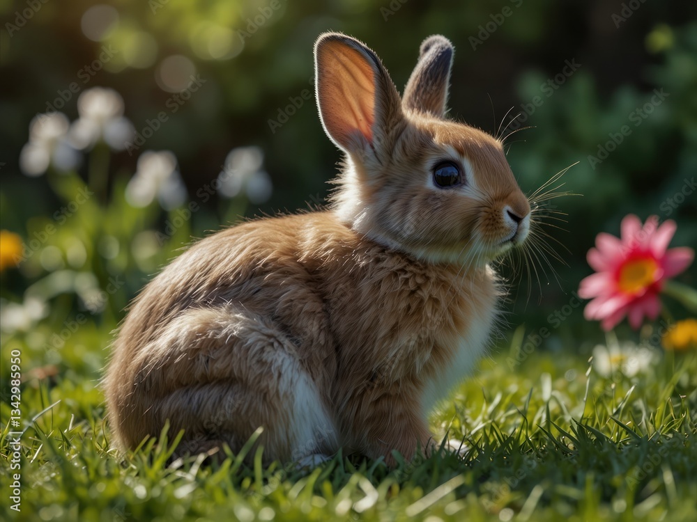 Fototapeta premium Fluffy brown rabbit sits in spring garden, sunlight bokeh