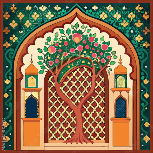 Ornate Mughal Temple Lattice Wall Adorned with Peacocks